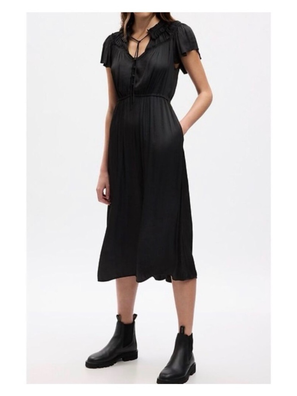 Gap Black Satin Pleated Maxi Dress M Tall